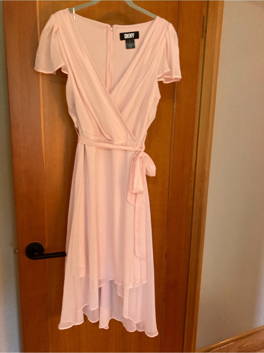 DKNY Light Pink High-Low Wrap Dress Flutter Sleeves Size 8
